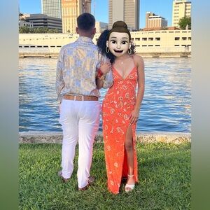 Long with slit Prom, formal, wedding, Coral orange, white, bronze, gold. Size 2